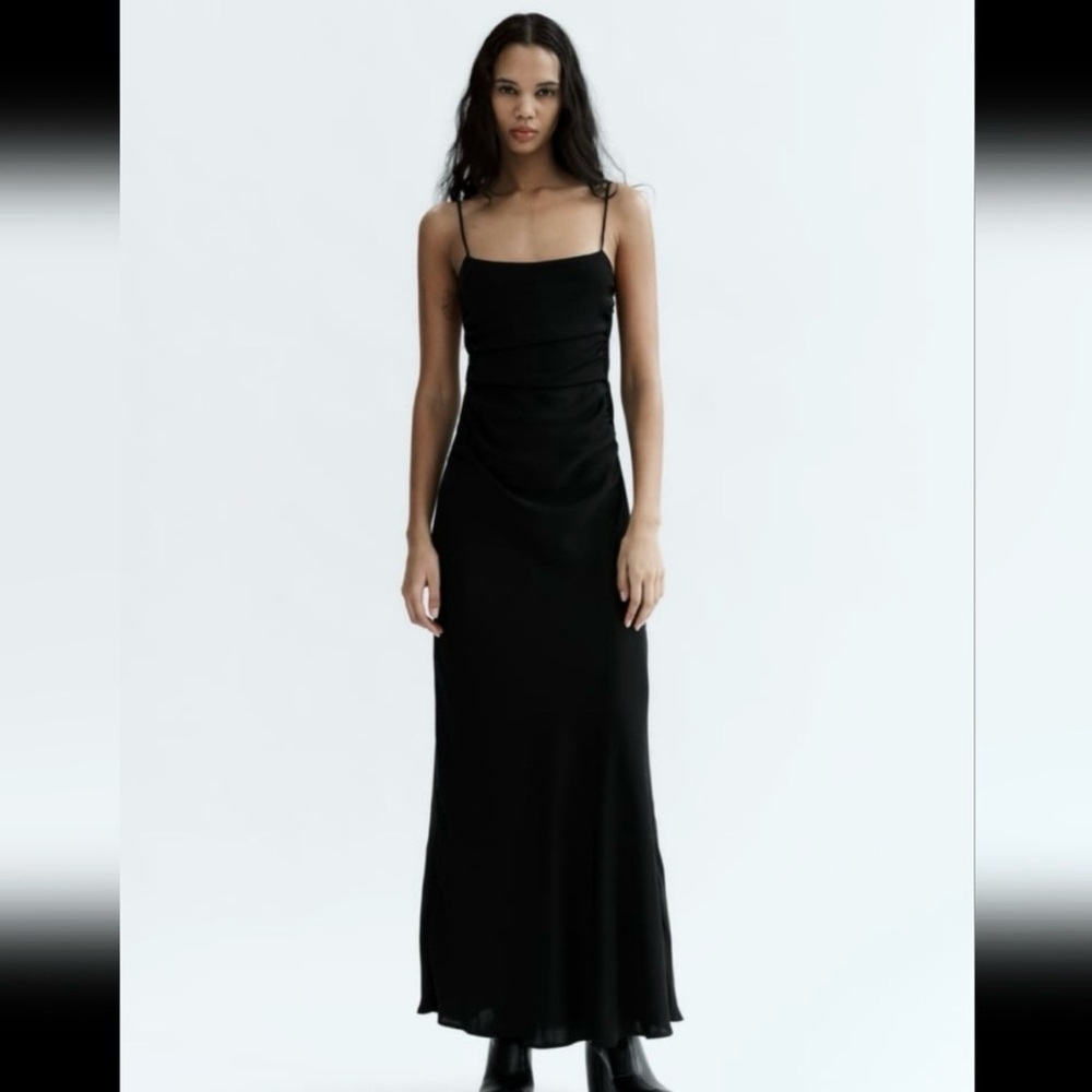 ZARA NWT BLACK SATIN DRAPED OPEN BACK MAXI DRESS